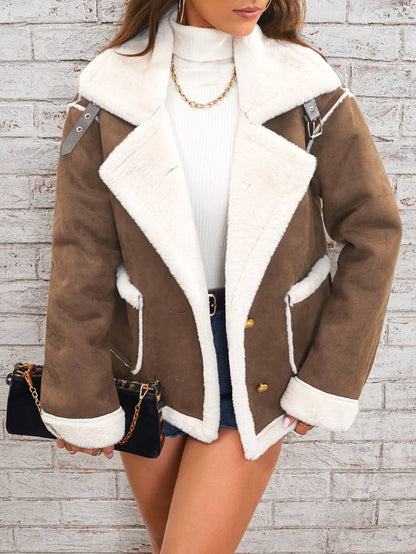 Damen Shearling-Mantel – Doppelreihig – Plüschkragen – Strukturierte Passform – Elegant