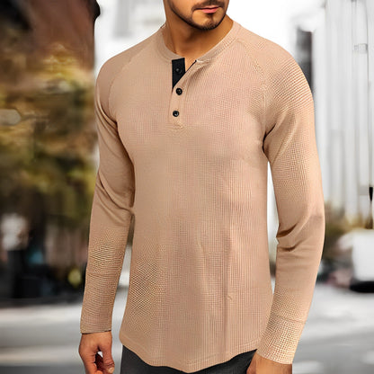 Herren Henley Shirt – Waffelstrick – Regular Fit – Langarm mit Knopfleiste – Casual