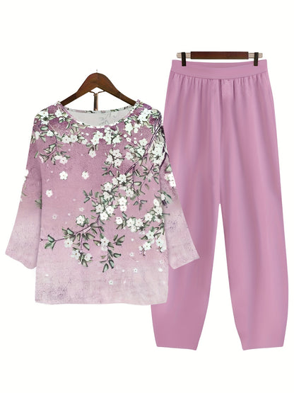 Set aus langärmligem oberteil und hose mit blumendruck für damen