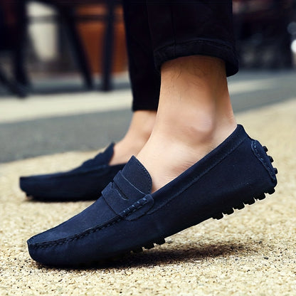 Dunkelblaue Herren-Loafers aus Leder mit Zierstreifen