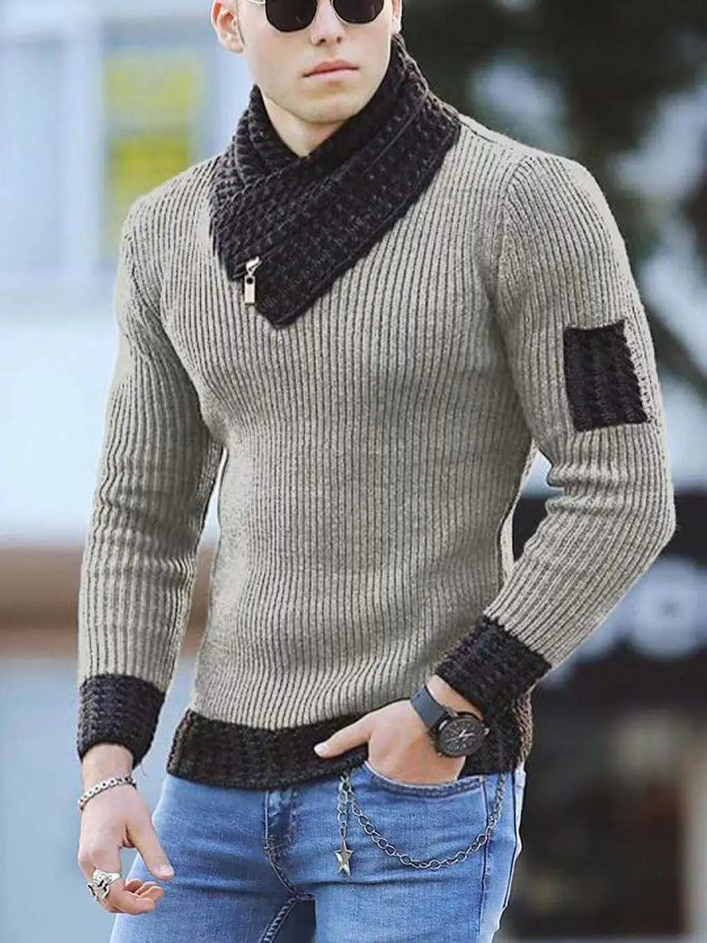 Herren Strickpullover – Gerippte Textur – Schalkragen mit Schnalle – Lange Ärmel