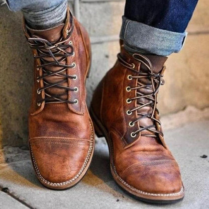 Herren Leder Schnürboots – Cap Toe – Robuste Sohle – Knöchelhoch – Vintage Look