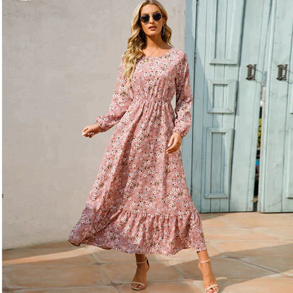 Boho Maxikleid Damen – Langer Chiffon-Stoff, Blumenmuster, Perfekt für Frühling & Sommer