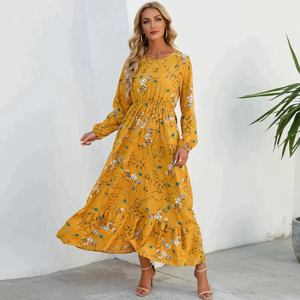 Boho Maxikleid Damen – Langer Chiffon-Stoff, Blumenmuster, Perfekt für Frühling & Sommer