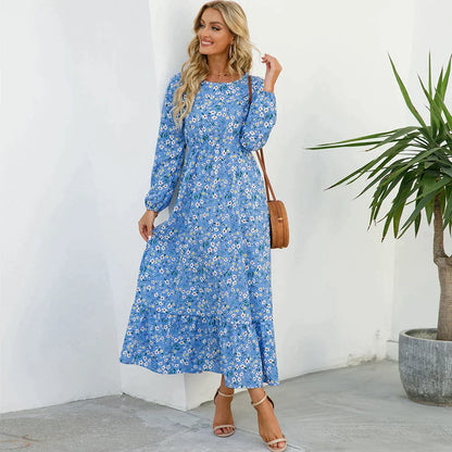 Boho Maxikleid Damen – Langer Chiffon-Stoff, Blumenmuster, Perfekt für Frühling & Sommer