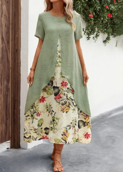 Damen Maxi Kleid – Luftig Lagenlook – Kurzarm mit Offener Front – Floral Elegant