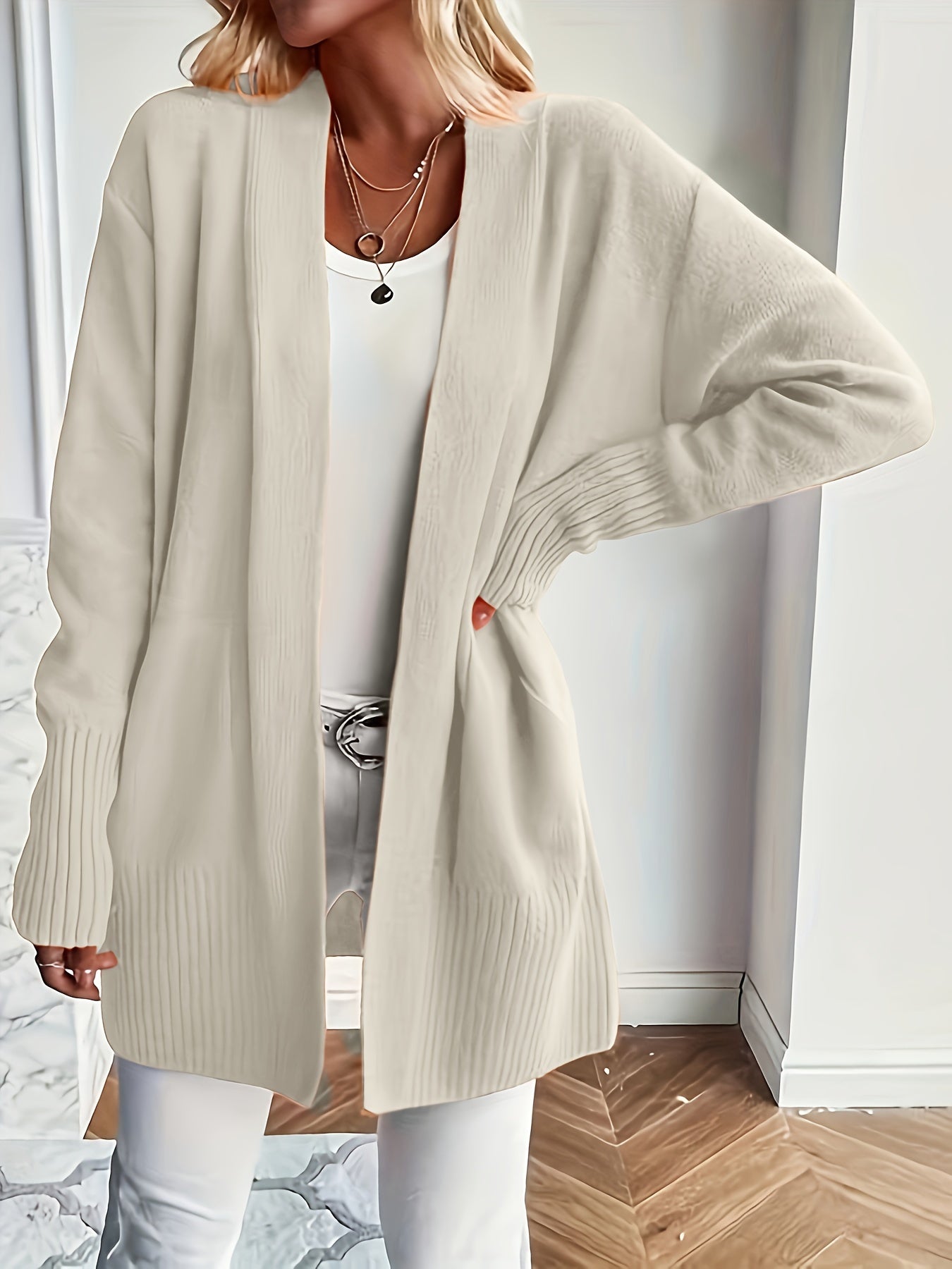 Damen Strickcardigan – Lange Offene Front – Lockere Passform – Gerippte Bündchen