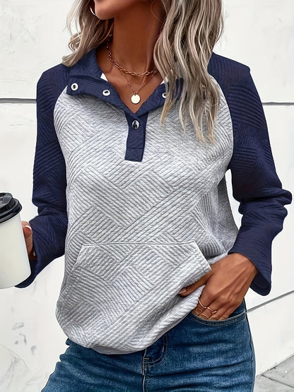 Damen Sweatshirt - Gestepptes Chevron-Muster - Knopfleiste - Kängurutasche - Lockerer Schnitt