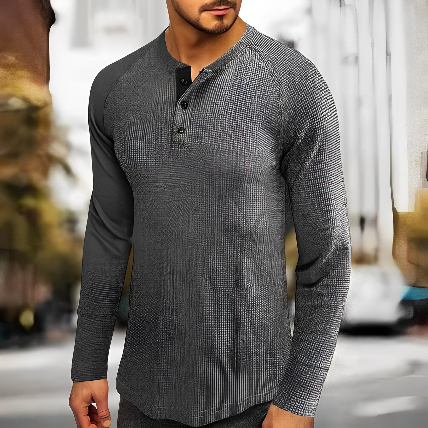 Herren Henley Shirt – Waffelstrick – Regular Fit – Langarm mit Knopfleiste – Casual