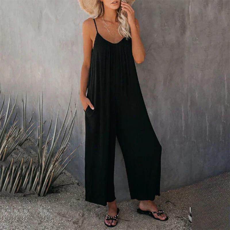 Damen ärmelloser Jumpsuit mit Taschen aus leichter Baumwolle