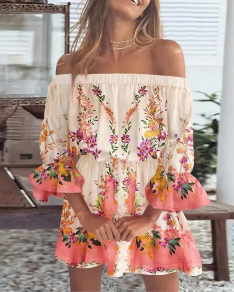 Schulterfreies Boho-Kleid mit Blätterprint – Luftig, Sommerlich & Nachhaltig