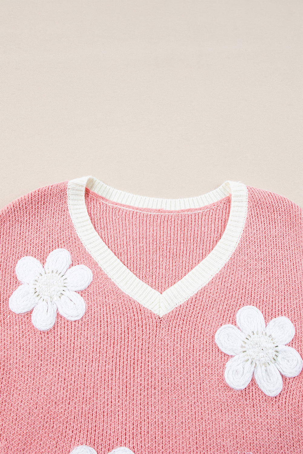 Damen Strickpullover – Oversized Passform – V-Ausschnitt – Weiches Material – Blumen Details