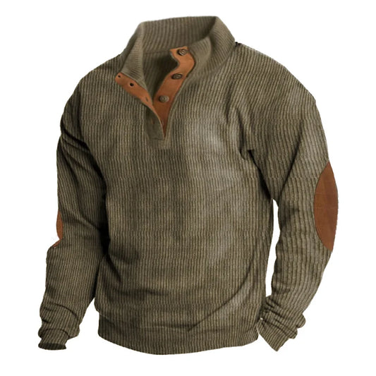 Herren Strickpullover – Gerippter Stoff – Hoher Kragen mit Knopfleiste – Robuste Ellbogenpatches