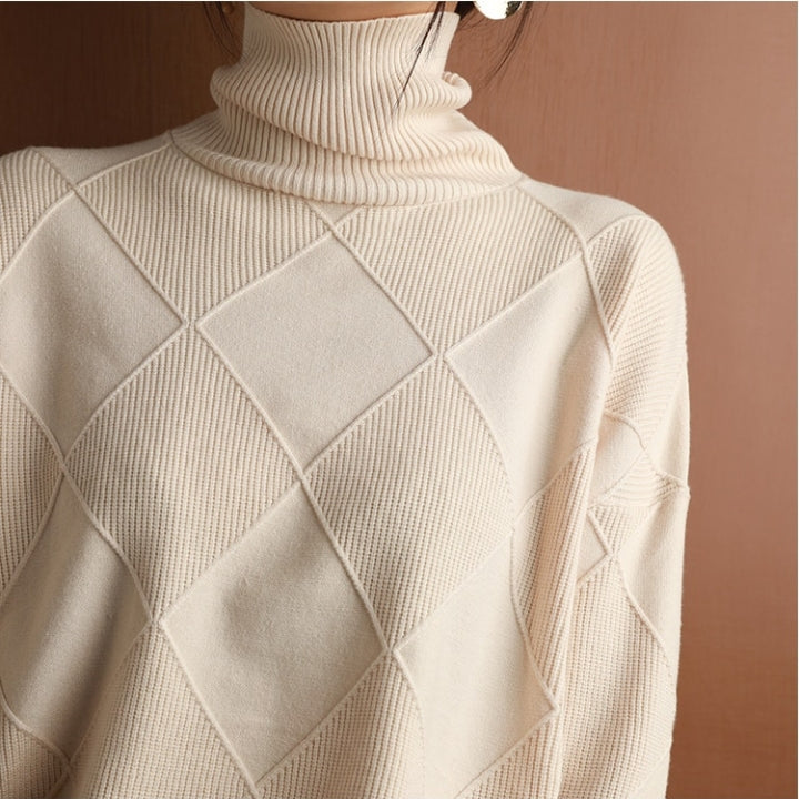 Damen Strickpullover - Hoher Rollkragen - Relaxed Fit - Rautenstrickmuster - Lange Ärmel