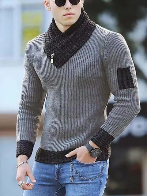 Herren Strickpullover – Gerippte Textur – Schalkragen mit Schnalle – Lange Ärmel