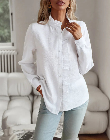 Damen Bluse – Langarm – Rüschen & Stehkragen – Knopfleiste – Eleganter Look