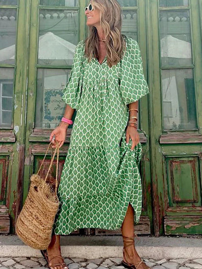 Damen Boho Sommerkleid mit Puffärmeln und Lockerem Schnitt