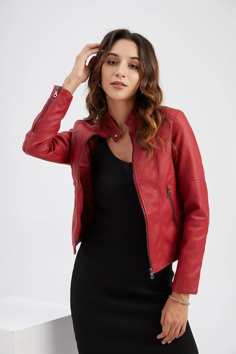 Damen Lederjacke – Taillierter Schnitt – Stehkragen mit Druckknopf – Reißverschlussdetails