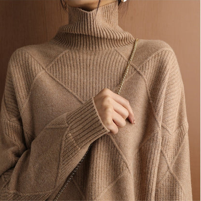 Damen Strickpullover - Hoher Rollkragen - Relaxed Fit - Rautenstrickmuster - Lange Ärmel