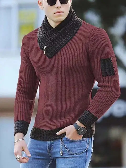 Herren Strickpullover – Gerippte Textur – Schalkragen mit Schnalle – Lange Ärmel