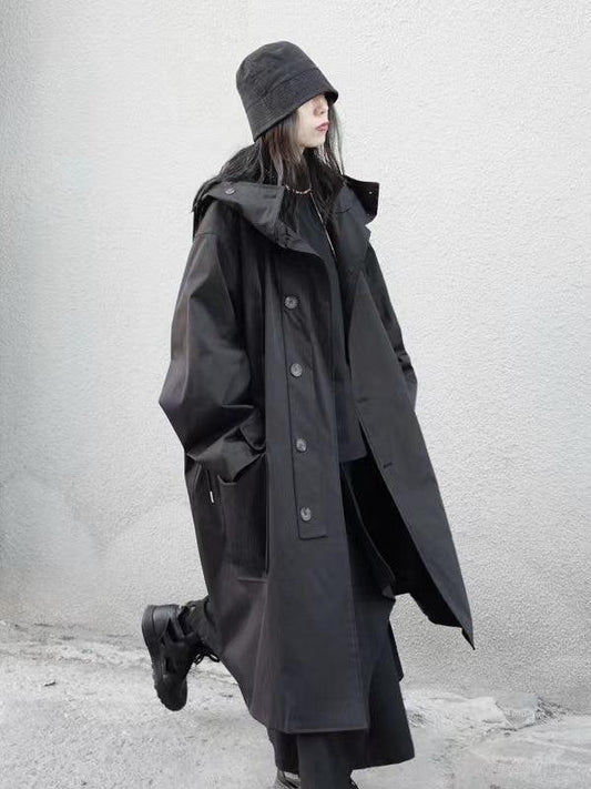 Damen Trenchcoat – Oversized Passform – Mit Kapuze – Knopfleiste und Taschen