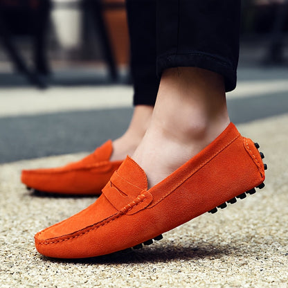 Dunkelblaue Herren-Loafers aus Leder mit Zierstreifen