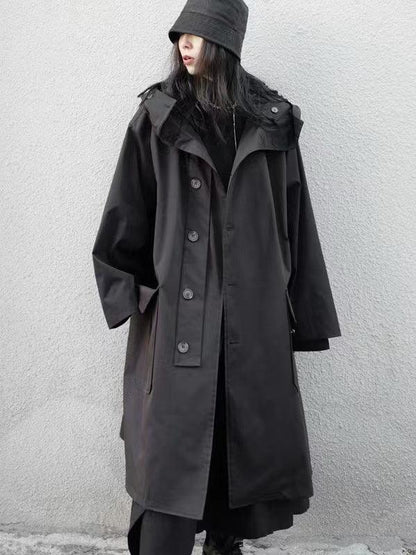 Damen Trenchcoat – Oversized Passform – Mit Kapuze – Knopfleiste und Taschen