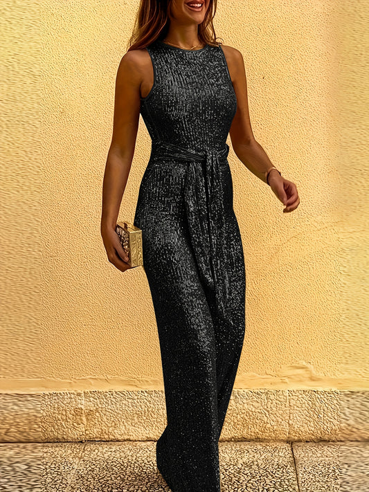 Eleganter pailletten-jumpsuit für damen mit weitem bein und reißverschluss