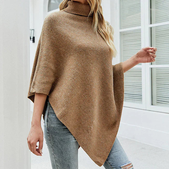 Damen Poncho-Pullover – Strick – Asymmetrischer Schnitt – Hoher Rollkragen – Knopfdetail