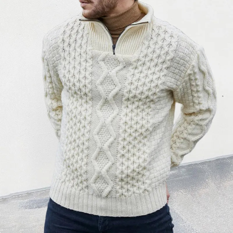 Herren Strickpullover – Hochkragen mit Reißverschluss – Zopfmuster – Warm & Bequem