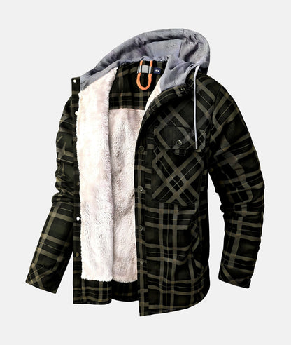 Herren Jacke - Gefüttert mit Teddyfleece - Kariert - Kapuze & Knopfleiste