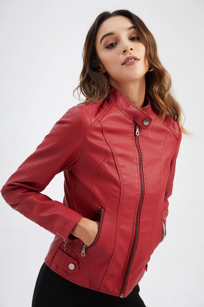 Damen Lederjacke – Tailliert – Stehkragen – Reißverschluss – Taschen mit Zipper