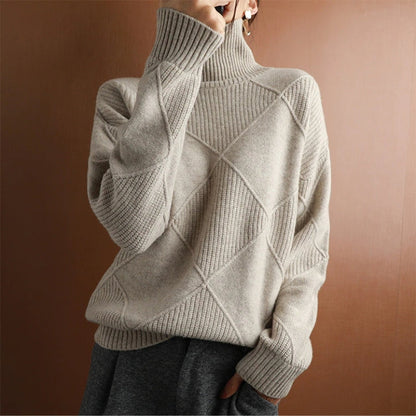 Damen Strickpullover - Hoher Rollkragen - Relaxed Fit - Rautenstrickmuster - Lange Ärmel