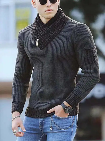 Herren Strickpullover – Gerippte Textur – Schalkragen mit Schnalle – Lange Ärmel