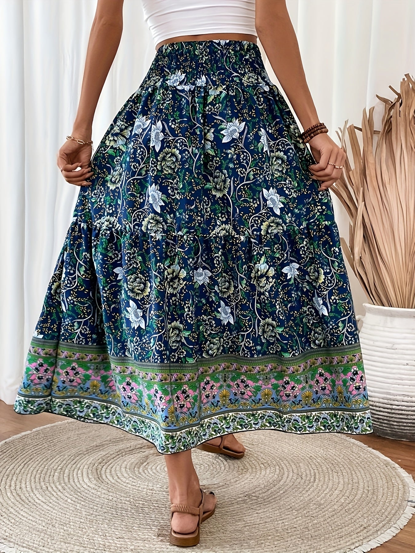 Damen Maxi Rock – Elastischer Bund mit Kordelzug – Leicht & Luftig – Blumendesign