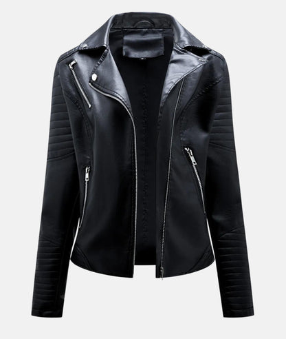 Damen Biker Lederjacke – Slim Fit – Asymmetrischer Reißverschluss – Steppdetails