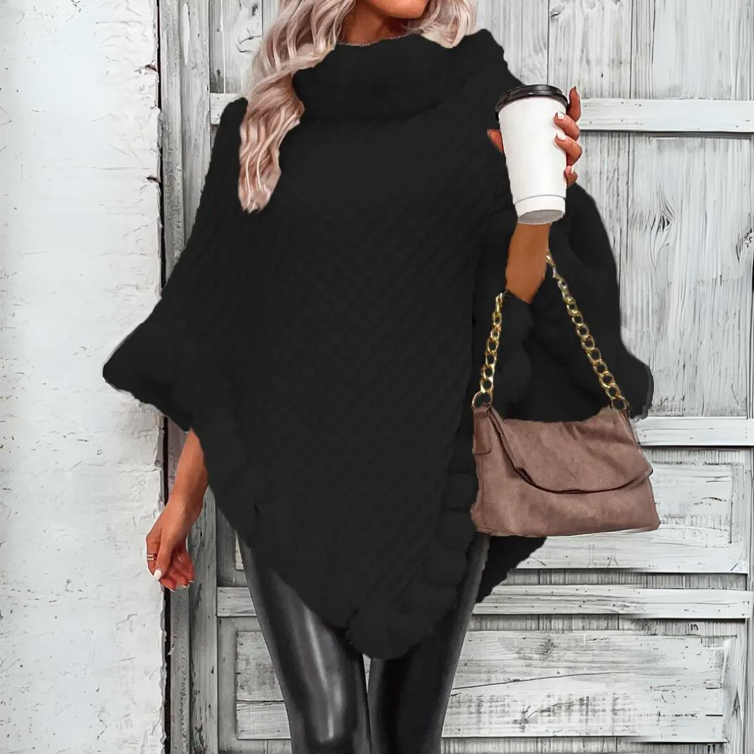 Damen Poncho – Strickdesign mit Steppmuster – Oversized – Eleganter Kunstfellbesatz