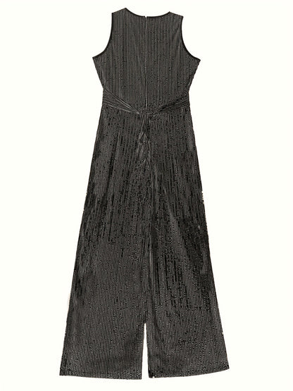 Eleganter pailletten-jumpsuit für damen mit weitem bein und reißverschluss