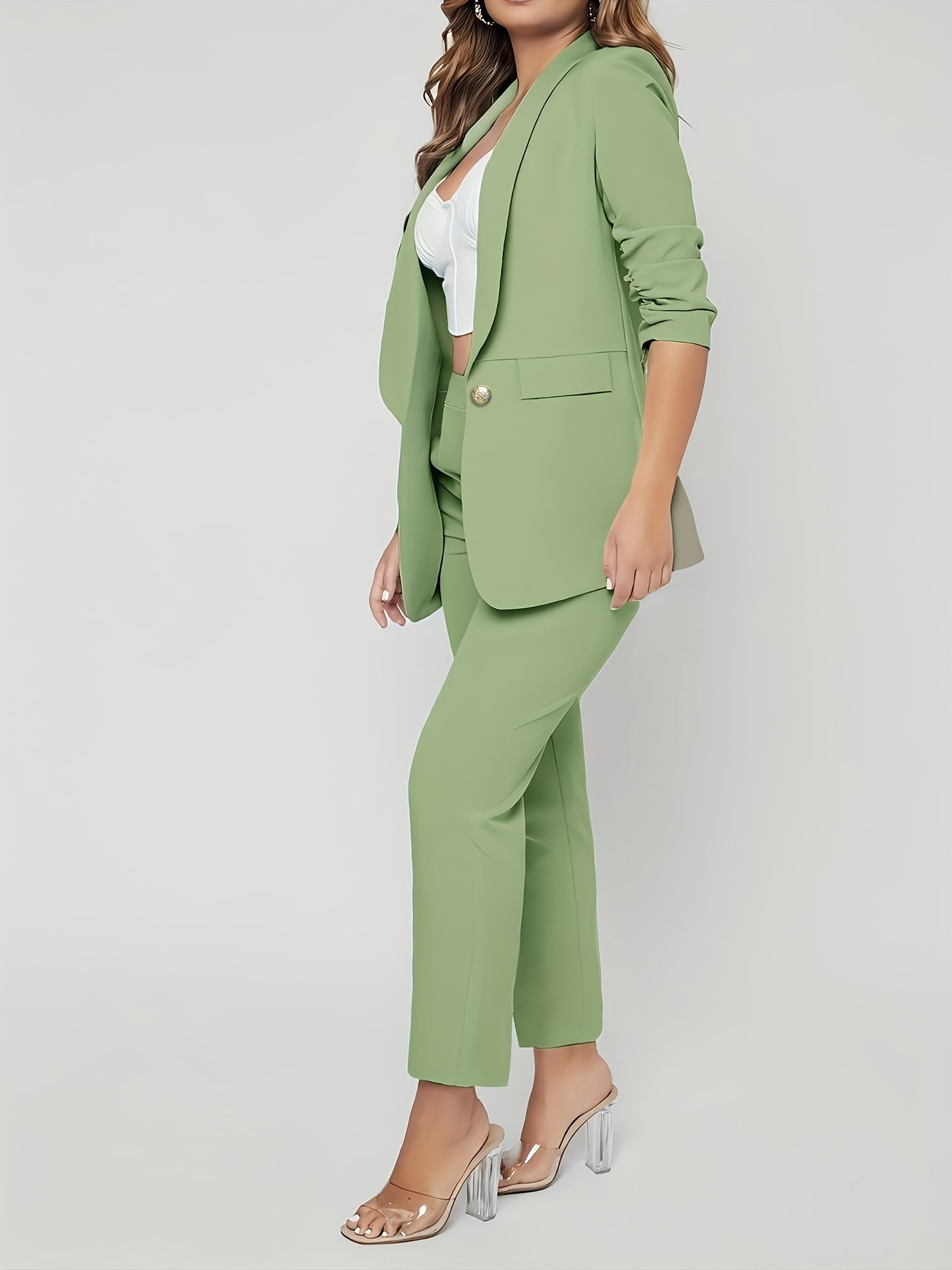 Elegantes, einfarbiges langarm-blazer- und hosen-set für damen