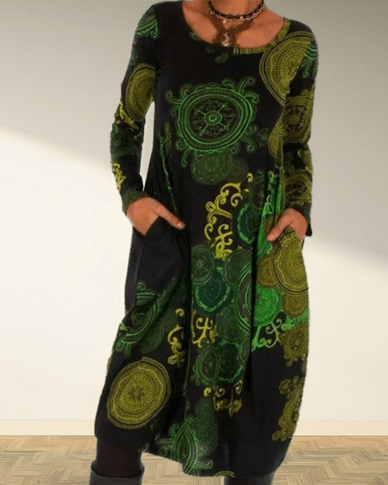 Boho Winter Midi-Kleid für Damen – Langarm, Elegant, Warm