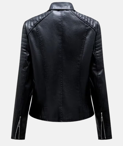 Damen Biker Lederjacke – Slim Fit – Asymmetrischer Reißverschluss – Steppdetails