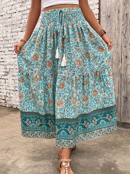 Damen Maxi Rock – Elastischer Bund mit Kordelzug – Leicht & Luftig – Blumendesign