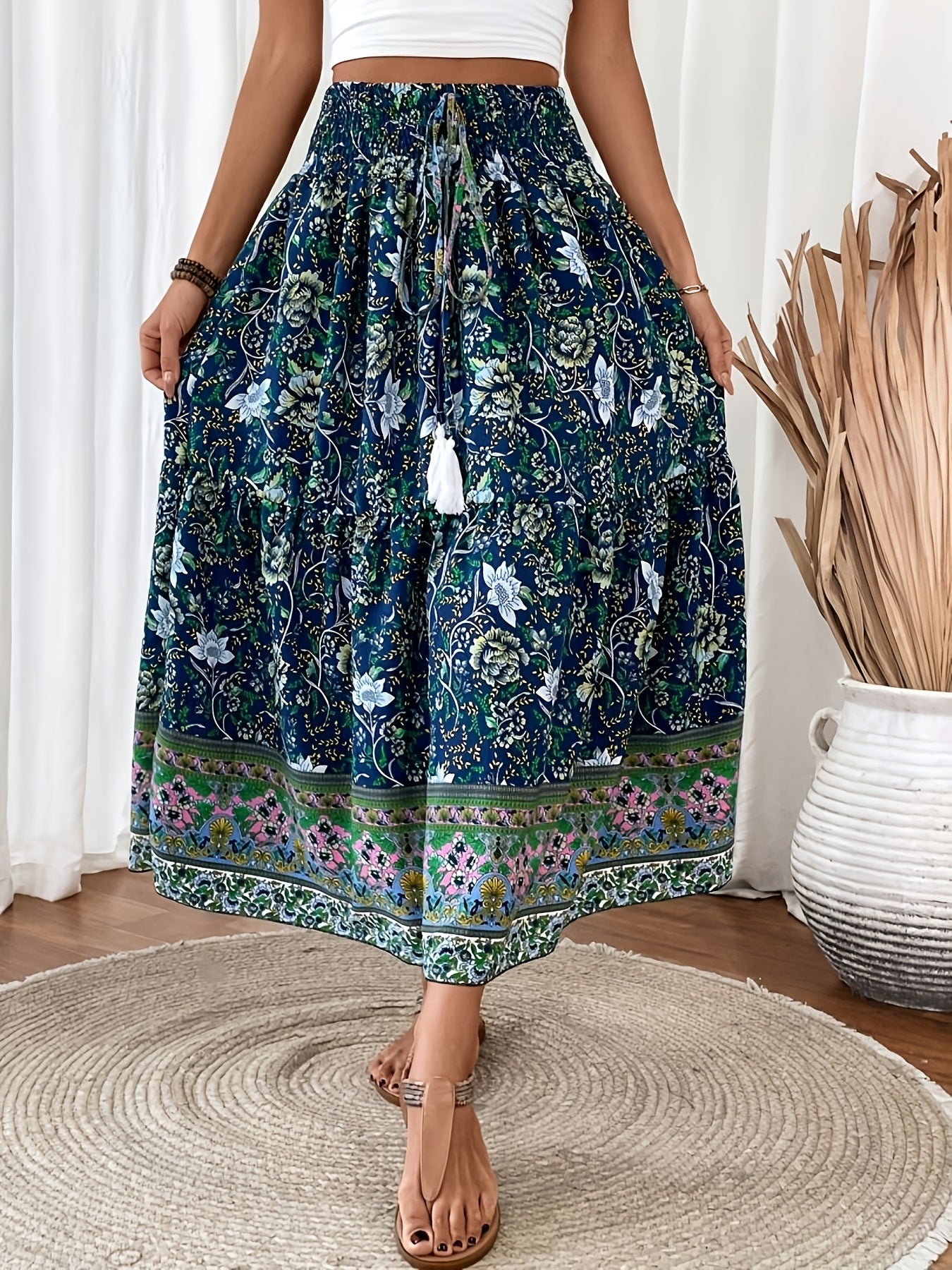 Damen Maxi Rock – Elastischer Bund mit Kordelzug – Leicht & Luftig – Blumendesign