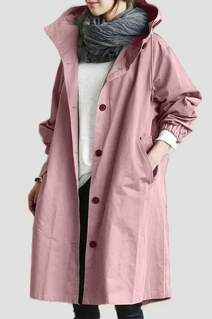 Damen Trenchcoat – Oversized Passform – Knopfverschluss – Mit Kapuze & Taschen