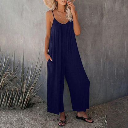 Damen ärmelloser Jumpsuit mit Taschen aus leichter Baumwolle