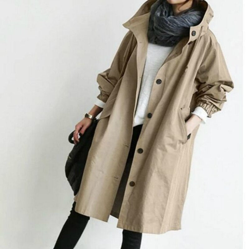 Damen Trenchcoat – Leichter Wasserabweisender Stoff – Mit Kapuze – Lockere Passform