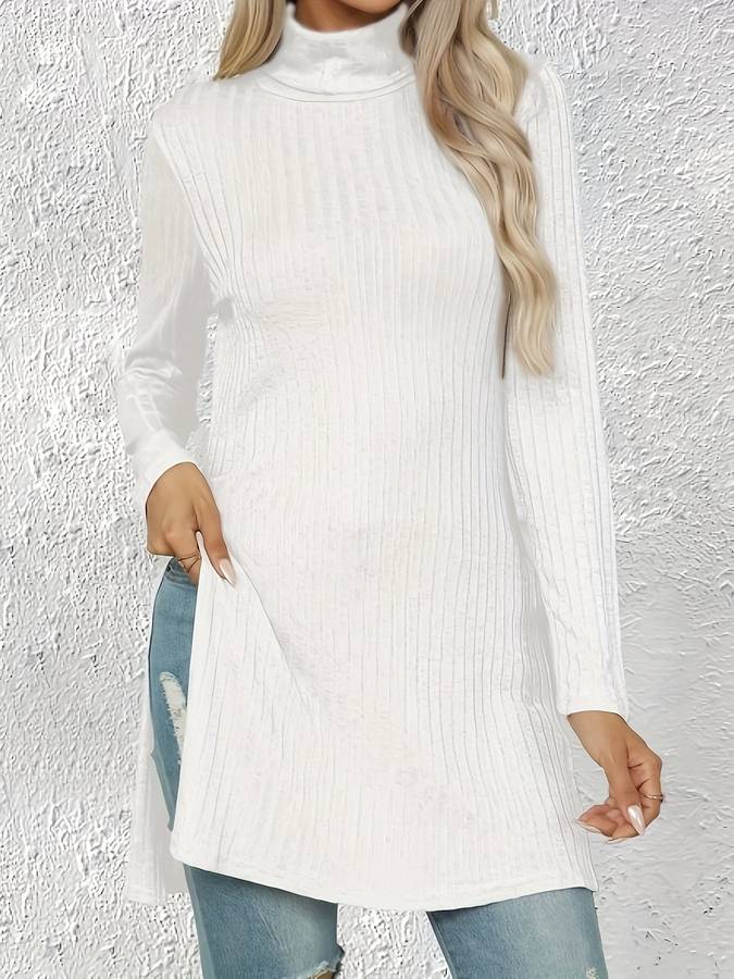 Damen Rollkragenpullover – Geripptes Strickdesign – Figurbetonte Passform – Lange Länge