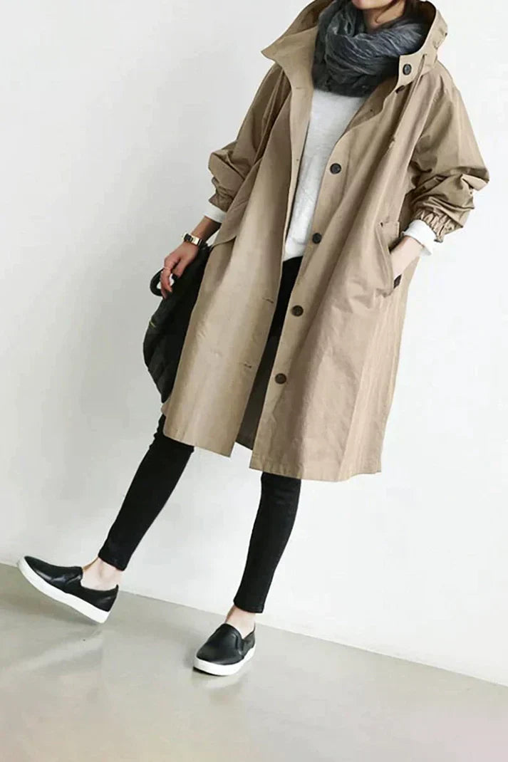 Damen Trenchcoat – Oversized Passform – Knopfverschluss – Mit Kapuze & Taschen