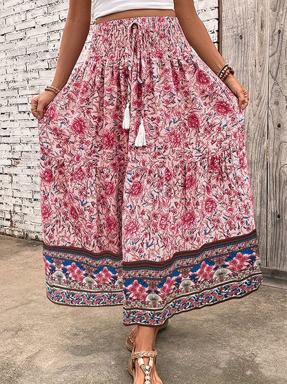 Damen Maxi Rock – Elastischer Bund mit Kordelzug – Leicht & Luftig – Blumendesign