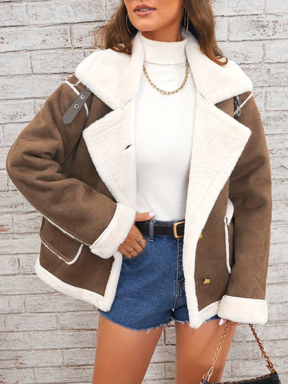 Damen Shearling-Mantel – Doppelreihig – Plüschkragen – Strukturierte Passform – Elegant